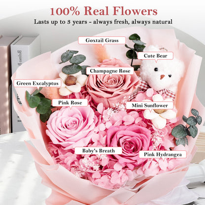 Preserved Flowers Bouquet with Bear